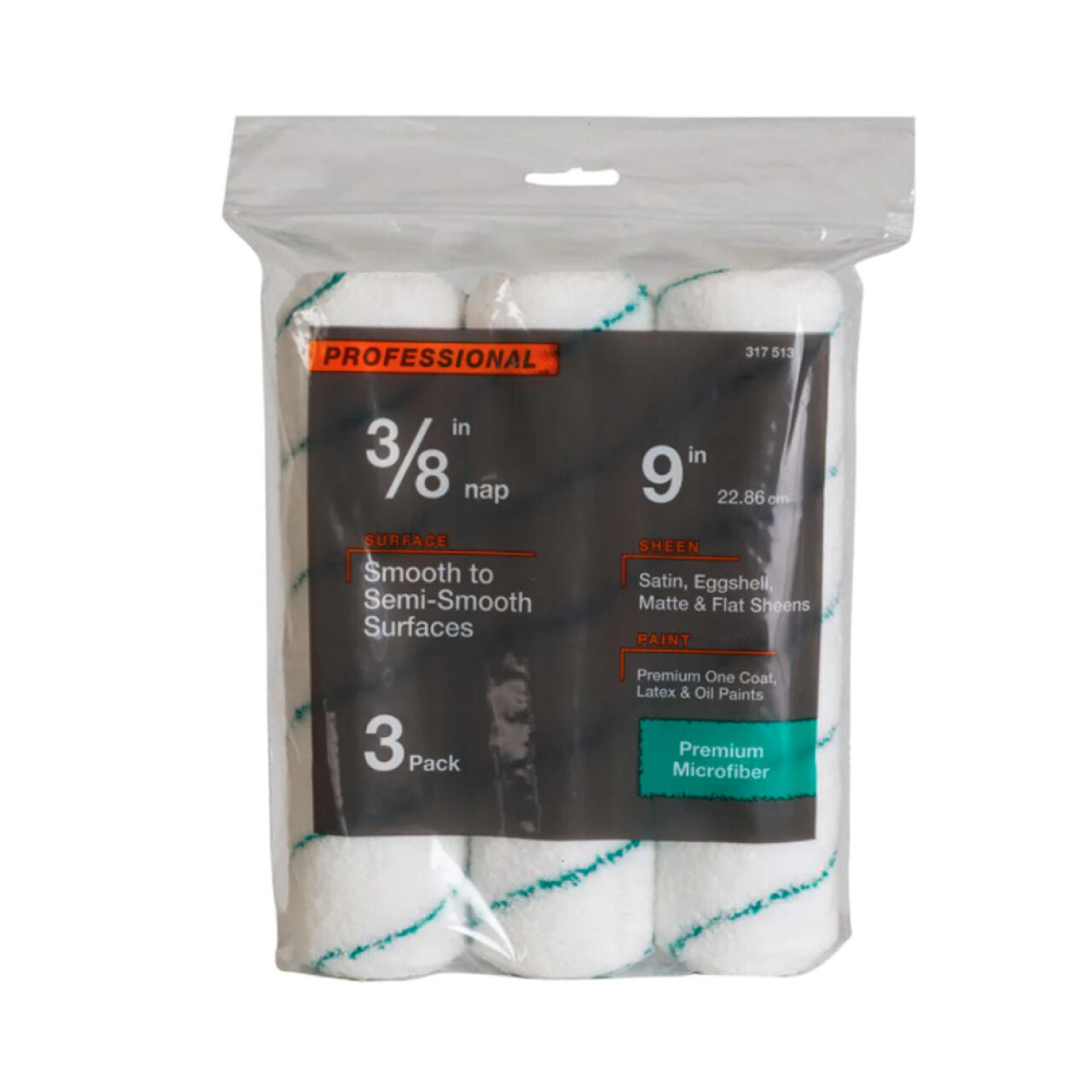 The Go Build 9 in. x 3/8 in. Microfiber Paint Roller Cover, sold in a clear plastic pack of three, is ideal for smooth to semi-smooth surfaces and suitable for satin, eggshell, matte, flat sheen, latex and oil paints.